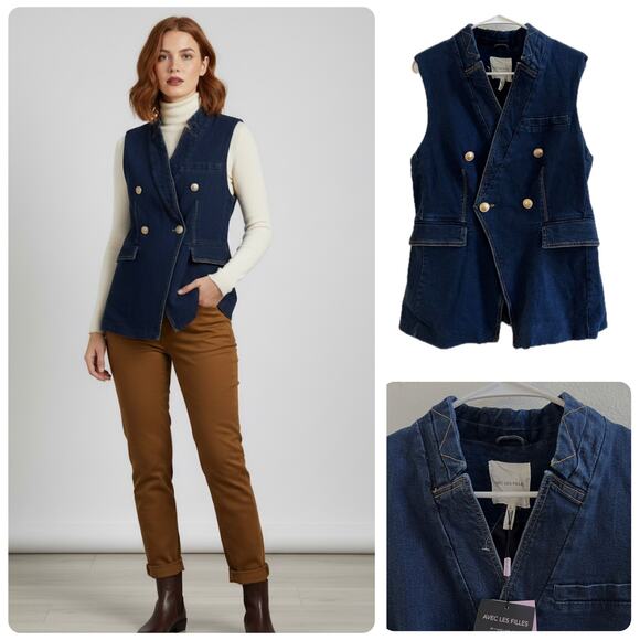 Avec Les Filles NWT Anthropologie Denim Double Breasted Sleeveless Vest Medium - Picture 1 of 11